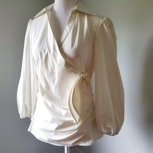 DKNY Couture Style Sculpted Poet Blouse Faux Wrap Balloon Sleeve Collared V Neck